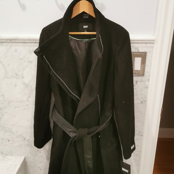 Nwt DKNY Asymmetrical Belted Funnel-Neck Wool Blend Black Coat Women Size Small - Picture 2 of 11